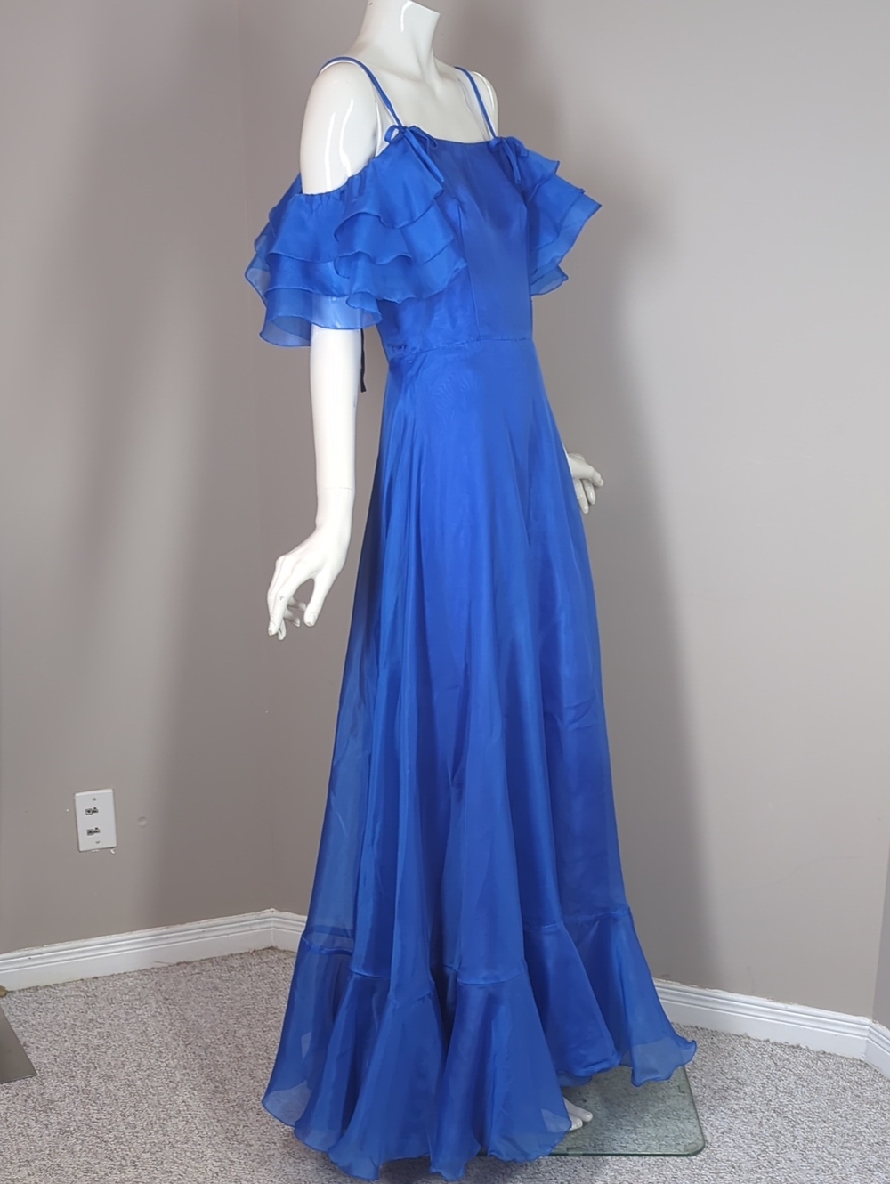 Vintage 60s 70s Prom Dress Royal Blue Ruffled Off-Shoulder Maxi Dress Bridesmaid